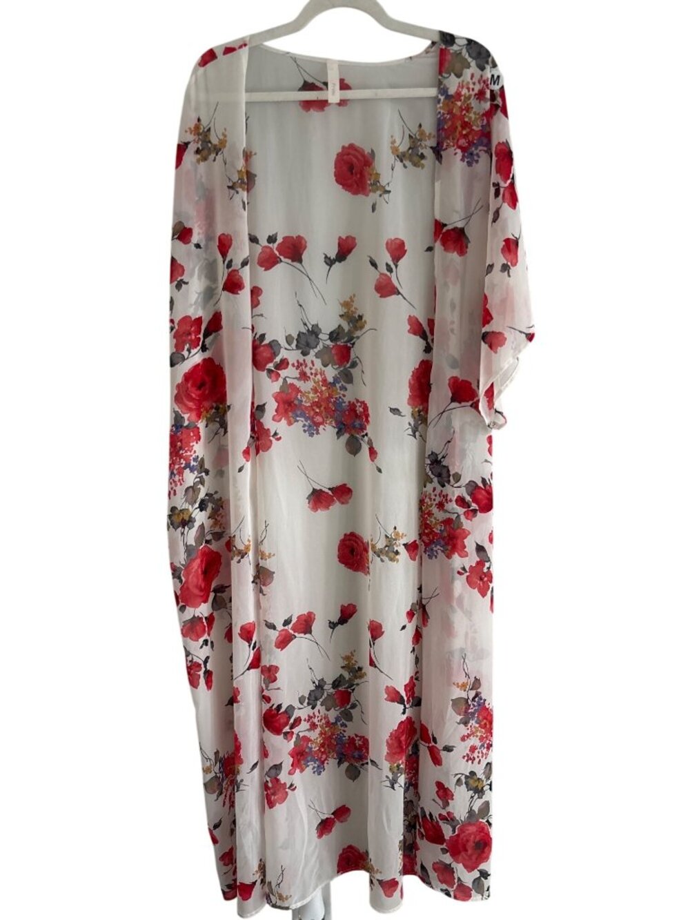 Primi Kimono Cardigan Medium Floral Open Front Short Sleeve White Red Bohemian